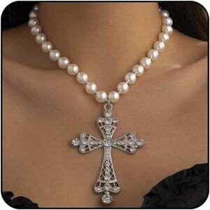 Women Silver Pearl Cross Necklace - Chunky Gothic Punk Vintage Pendants Jewelry